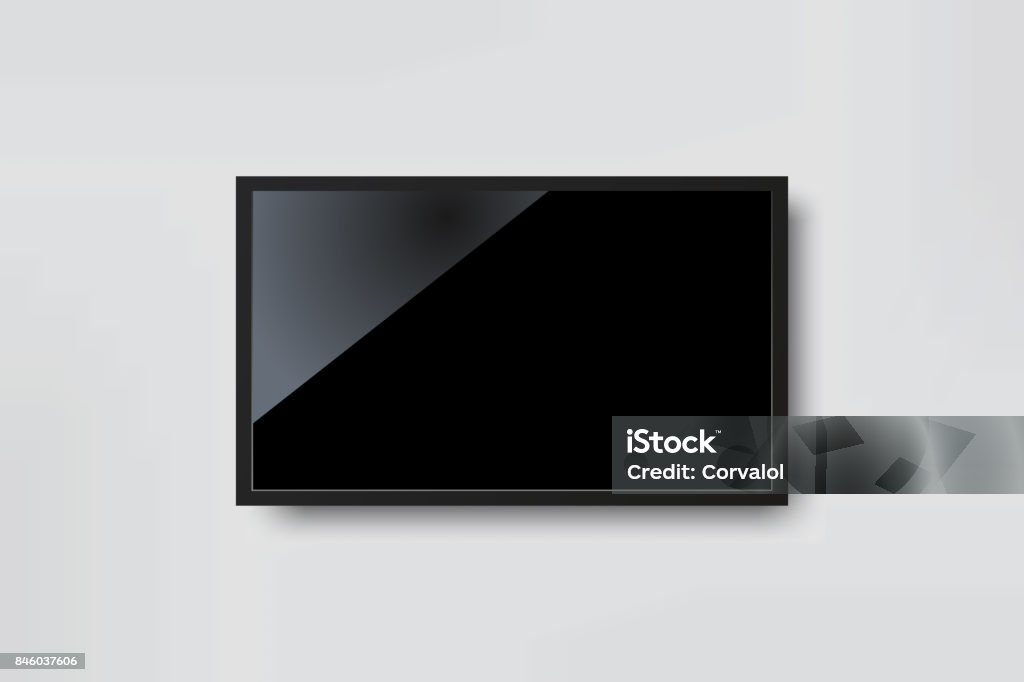 Black LED tv television screen blank on white wall background Television Set stock illustration