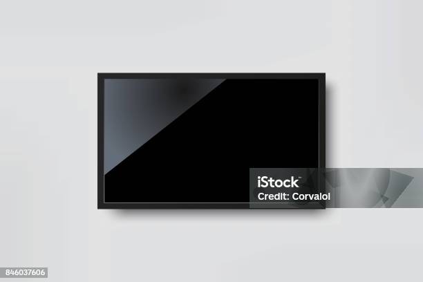 Black Led Tv Television Screen Blank On White Wall Background Stock Illustration - Download Image Now