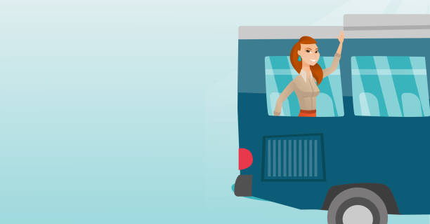 istock Young caucasian woman waving hand from bus window 846040656
