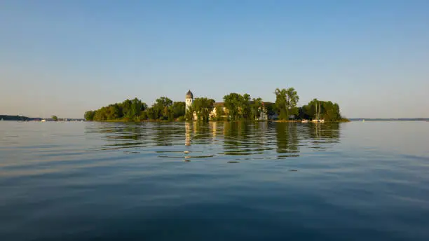 Calm scene at lake Chiemsee, Bavaria, in summer.