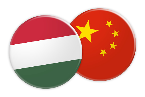 News Concept: Hungary Flag Button On China Flag Button, 3d illustration on white background