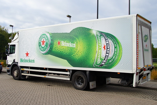 Almere, The Netherlands - October 19, 2016: Heineken truck parked in a public parking lot. Nobody in de vehicle.