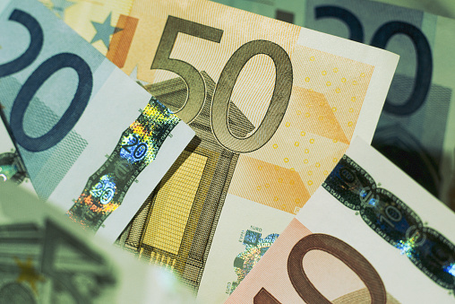 European currency:  Euro banknotes, close-up.