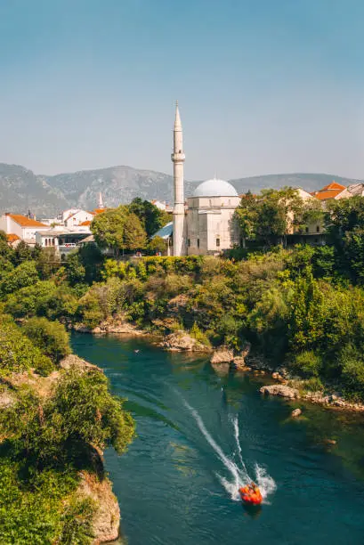 Mosque over the Neretva river, Mostar, Bosnia and Herzegovina.