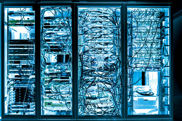 Server room Internet connected servers with multi cables stock photo