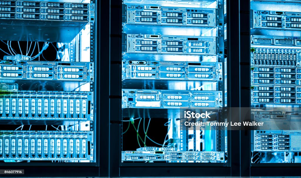 Server room Internet connected servers with multi cables Server room Internet connected servers with multi cables and workstations. Cryptocurrency Mining Stock Photo