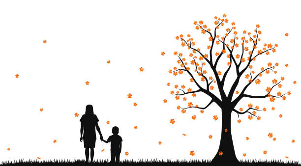 Mother and child in the autumn park Vector illustration of Mother and child in the autumn park girl silouette forest illustration stock illustrations