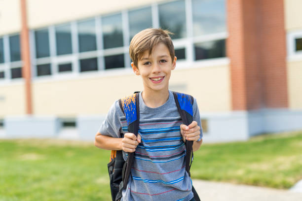 great portrait of school pupil outside classroom carrying bags - junior high fotos imagens e fotografias de stock