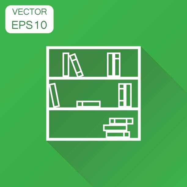 ilustrações de stock, clip art, desenhos animados e ícones de bookcase furniture icon. business concept office book furniture pictogram. vector illustration on green background with long shadow. - book library door retro revival