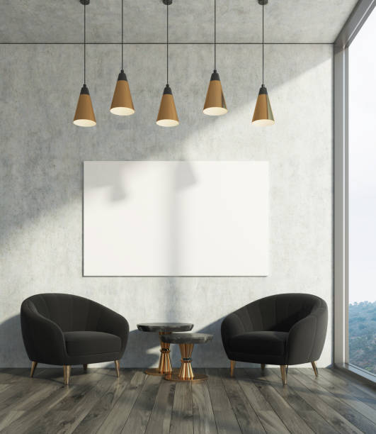 istock Concrete living room, black armchairs, poster 846096446
