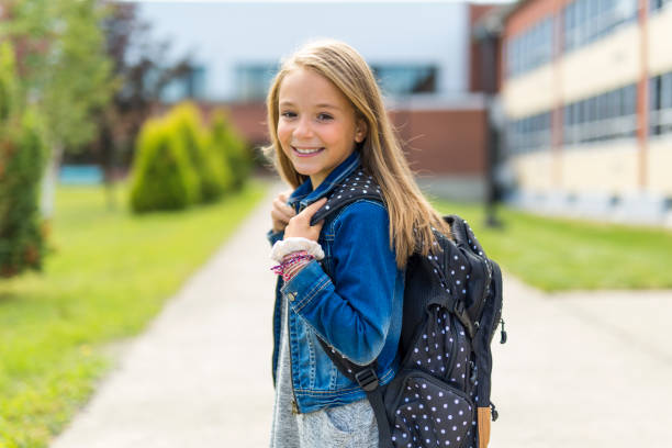 great portrait of school pupil outside classroom carrying bags - junior high fotos imagens e fotografias de stock