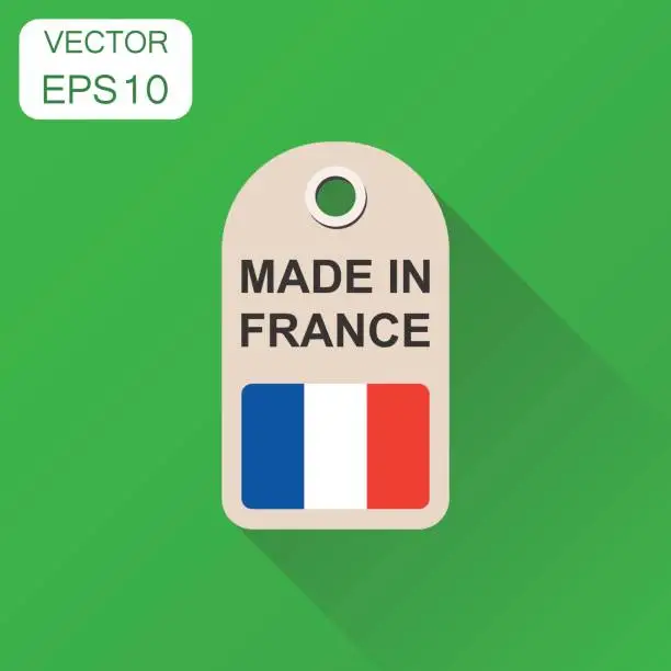 Vector illustration of Hang tag made in France with flag icon. Business concept manufactued in France. Vector illustration on green background with long shadow.