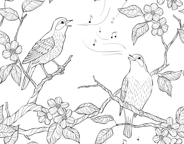 vektor musterdesign. frühling garten zusammensetzung. ein vogel singt auf einem ast in voller blüte. - design abstract petal asia stock-grafiken, -clipart, -cartoons und -symbole
