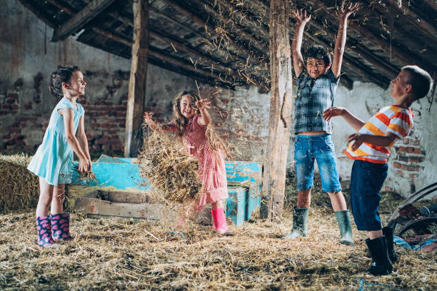 Group of children playing with hay in a barn