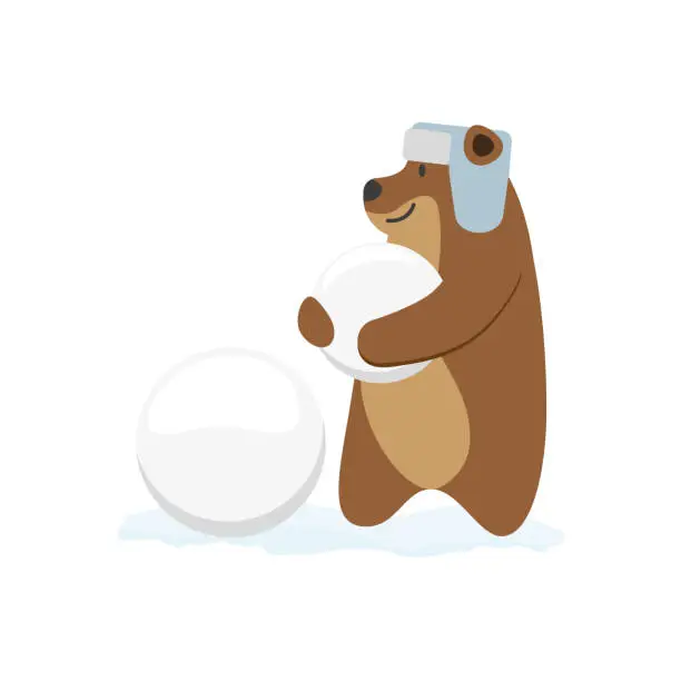Vector illustration of vector flat brown bear character making ice balls