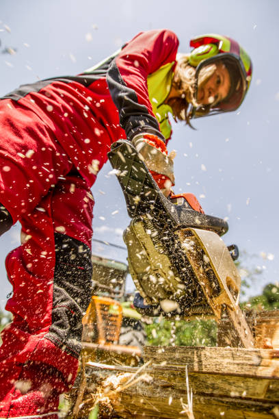 istock Lumberjack Woman Sawing with Motor Saw 846118040