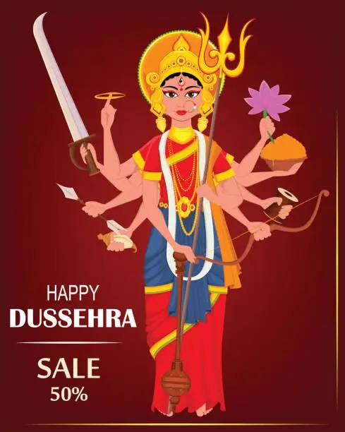 Vector illustration of Happy Dussehra vector illustration for sale, shopping. Maa Durga on dark red background