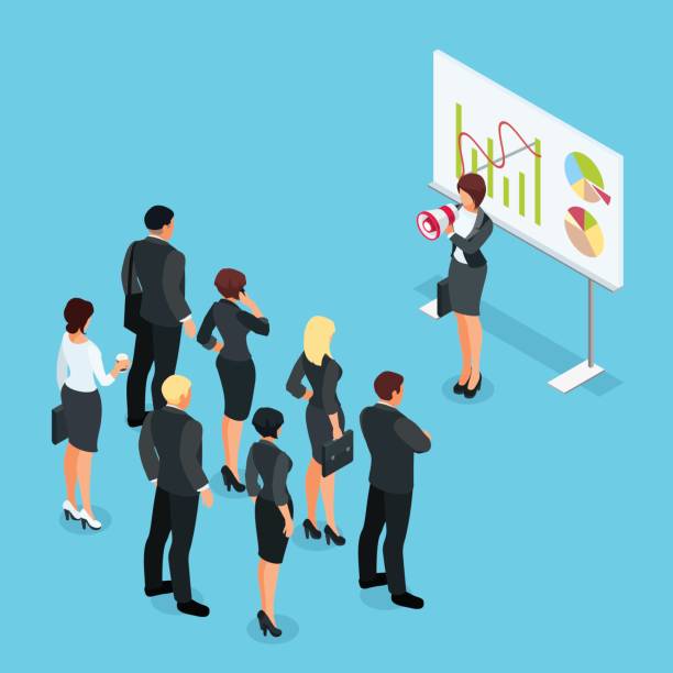 Isometric businesswoman with megaphone speaking before a group of people. Isometric businesswoman with megaphone speaking before a group of people. Businesswoman with a loudspeaker makes a warning. 3d people in different poses listen to the speaker. Vector illustration. lifestyle backgrounds audio stock illustrations