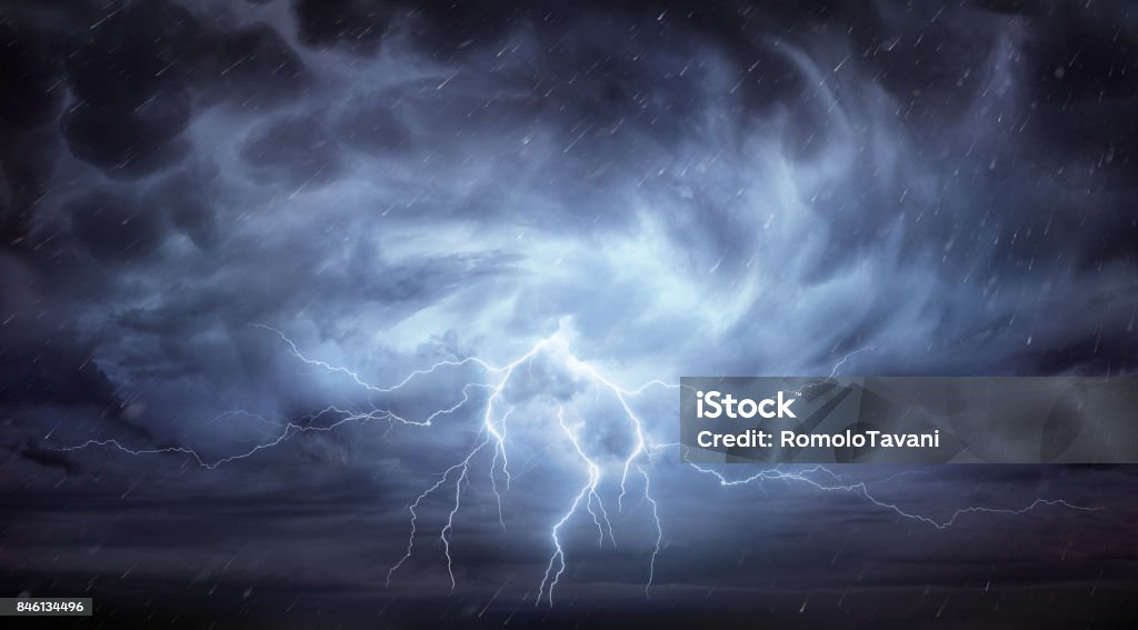 Rain And Thunderstorm In Dramatic Sky Mother Nature Unleashes Her Rage - Rainstorm Lightning Stock Photo