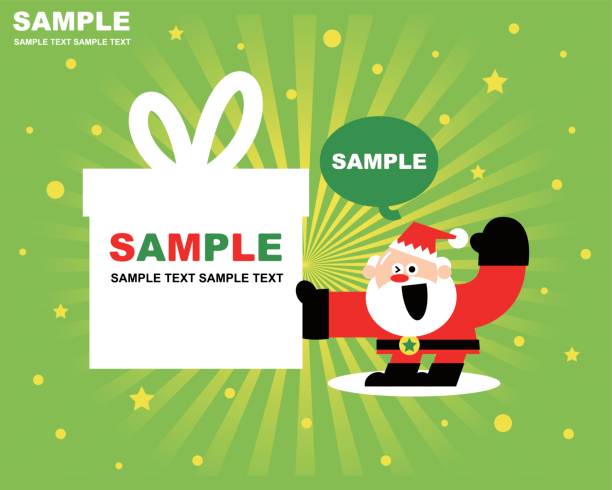 ilustrações de stock, clip art, desenhos animados e ícones de merry christmas and new year greeting card with santa claus and christmas present, radial rays (stripes) - christmas present senior men surprise gift box