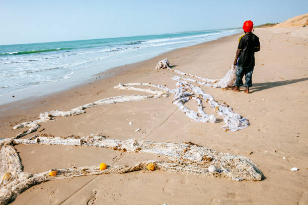 Kartung, The Gambia - February 24, 2011: Local fisherman pulling the fishing net from Atlantic ocean to finish his working day.