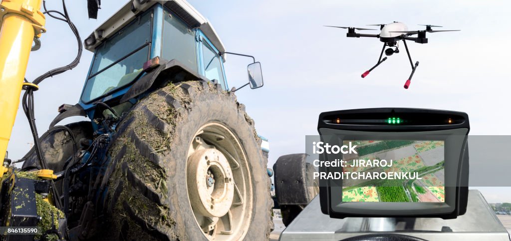 Smart agriculture , farm , precision farming concept. Automation Drone , tractor , NIR images processing application screen device create field health maps for normalize difference vegetation index. Tractor Stock Photo