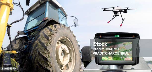 Smart Agriculture Farm Precision Farming Concept Automation Drone Tractor Nir Images Processing Application Screen Device Create Field Health Maps For Normalize Difference Vegetation Index Stock Photo - Download Image Now