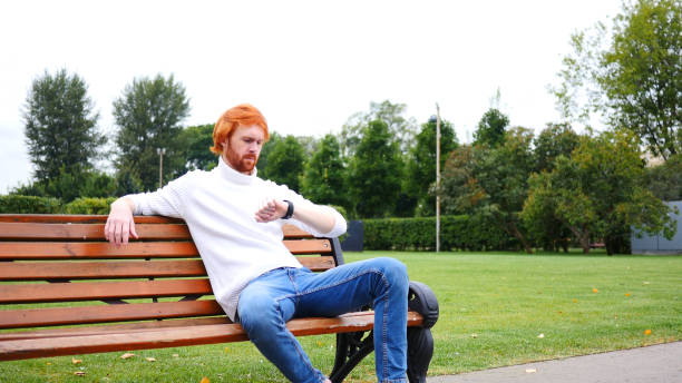 istock Waiting Man Sitting in Park on Bench, Red Hairs and Beard 846135684