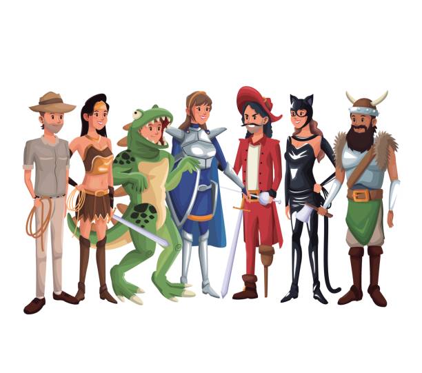 white background group people male and female in costume halloween white background group people male and female in costume halloween vector illustration viking halloween costume stock illustrations