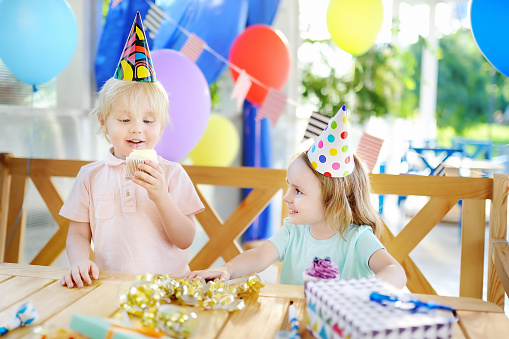 Cute little boy and girl having fun and celebrate birthday party with colorful decoration and cake. Child with sweets, candy, whistle/blower/horn and festive gifts. Preschoolers or toddlers birthday party.