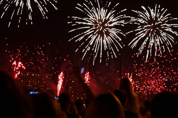 istock Colorful fireworks at the city park. Numerous multicolored fireworks. Unrecognizable silhouette of people with his back to us 846154908
