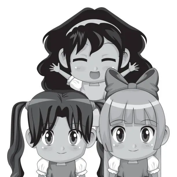 Vector illustration of monochrome set three half body cute anime tennagers girls facial expression
