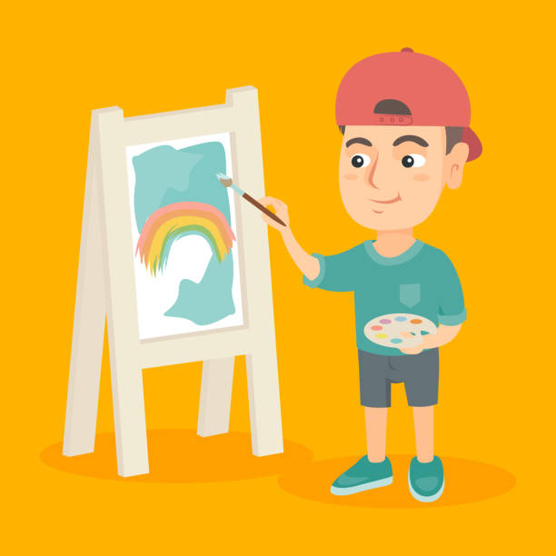 ilustrações de stock, clip art, desenhos animados e ícones de caucasian boy artist painting picture on a canvas - artist art artists canvas human eye