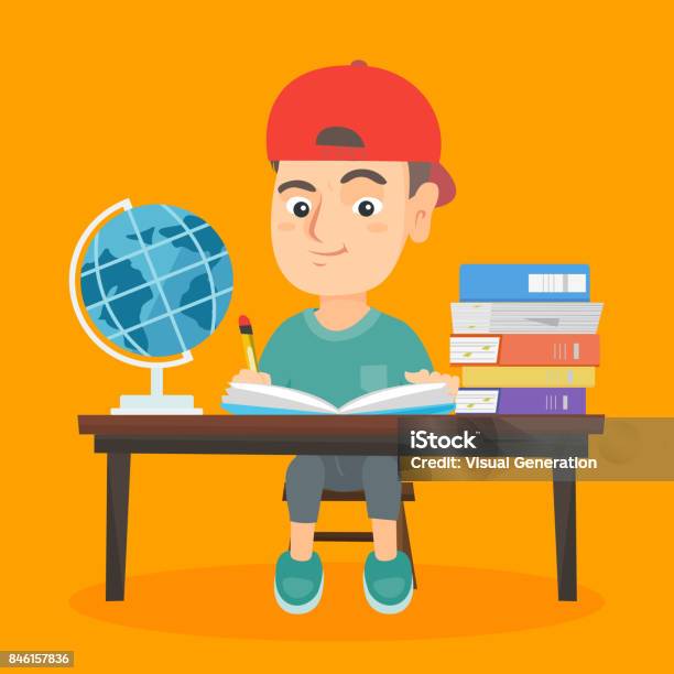 Boy Sitting At The Desk And Writing In Notebook Stock Illustration - Download Image Now - Book, Boys, Canada