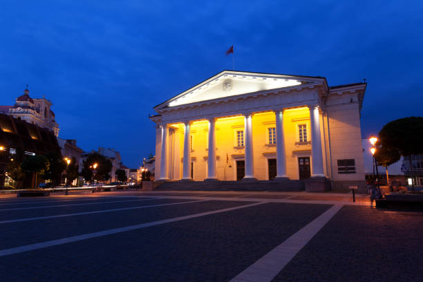 Vilnius Town Hall is a historical town hall in the square of the same name in the Old Town of Vilnius, Lithuania. Town Hall Square in Old Town at night of Vilnius, Lithuania