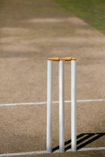 istock High angle view of white stumps on cricket field 846193488