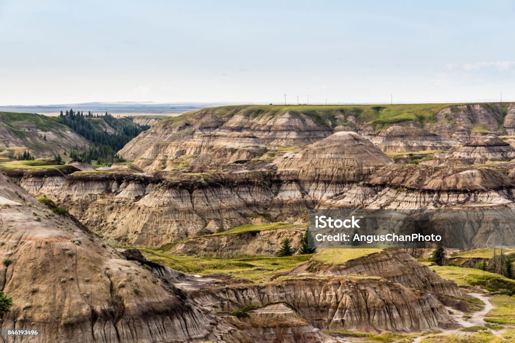 Alberta Badlands The Badlands is a great example of erosion from water and wind etching dramatic winding gullies within Alberta's landscape. Canada Stock Photo