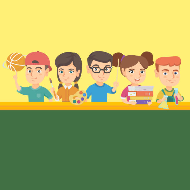 dzieci stojące przy stole z przyborami szkolnymi - basketball little boys male young adult stock illustrations