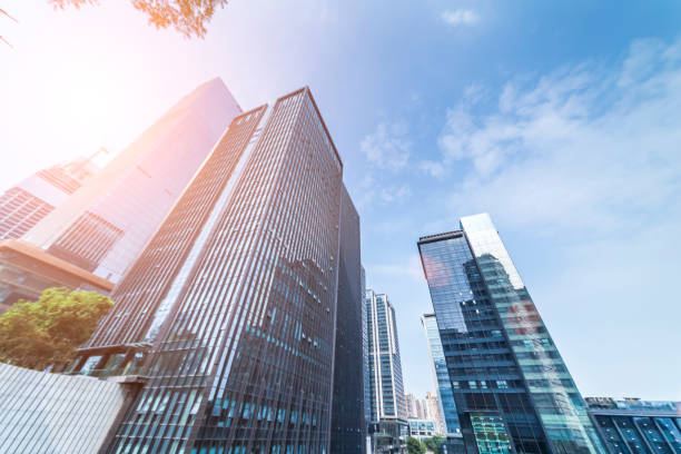 istock Bottom view of office building window close up 846202462