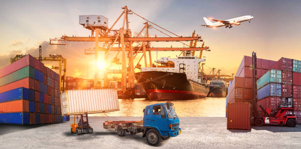 istock Logistics and transportation of Container Cargo ship and Cargo plane with working crane bridge in shipyard at sunrise, logistic import export and transport industry background 846204578