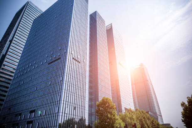 istock Bottom view of office building window close up 846205102