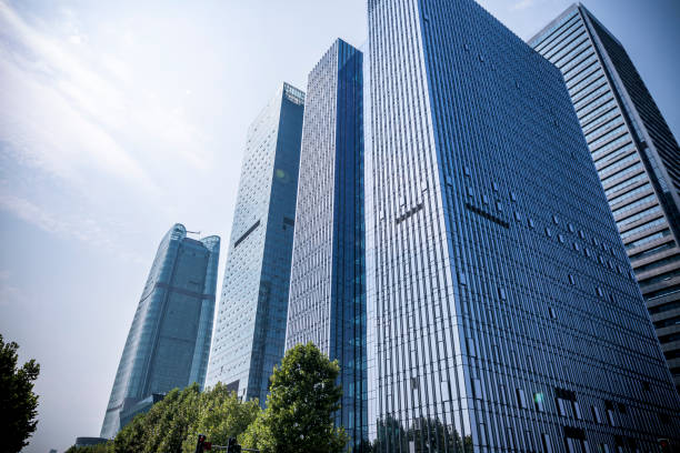 istock Bottom view of office building window close up 846205128