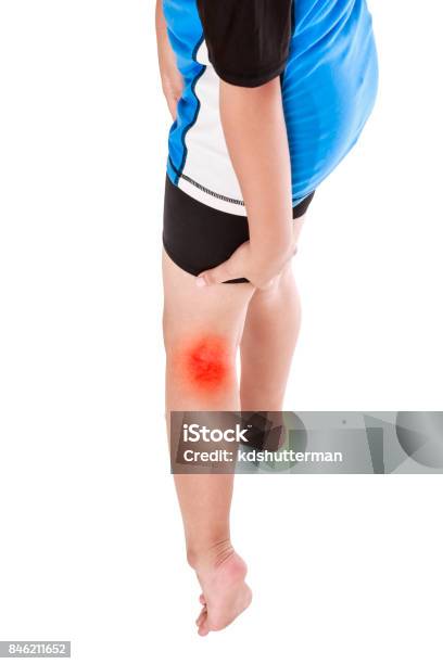 Sports Injure Asian Child Cyclist Injured At Thigh Isolated On White Stock Photo - Download Image Now