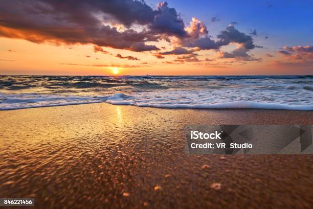 Early Morning Sunrise Over Sea Golden Sands Stock Photo - Download Image Now - Beach, Wave - Water, Abstract