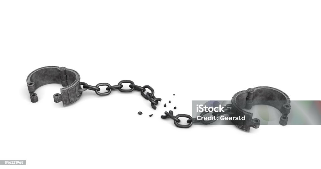 3d rendering of a pair of open metal shackles with a broken chain link on white background 3d rendering of a pair of open metal shackles with a broken chain link on white background. Breakthrough. Getting out. Freedom and future. Broken Stock Photo