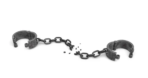 3d rendering of a pair of open metal shackles with a broken chain link on white background. Breakthrough. Getting out. Freedom and future.