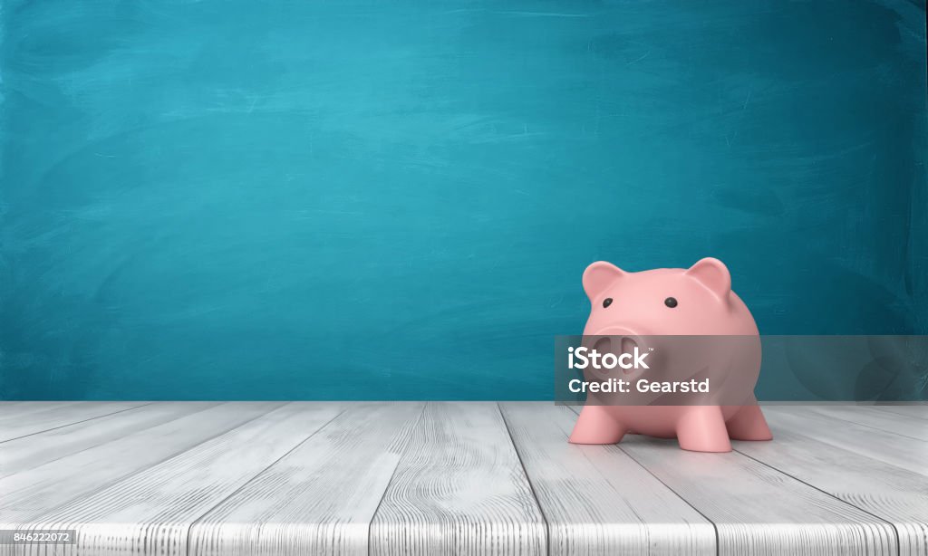 3d rendering of a pink piggy bank in front view standing on a wooden table 3d rendering of a pink piggy bank in front view standing on a wooden table. Domestic budget. Saving money. Family finances. Piggy Bank Stock Photo