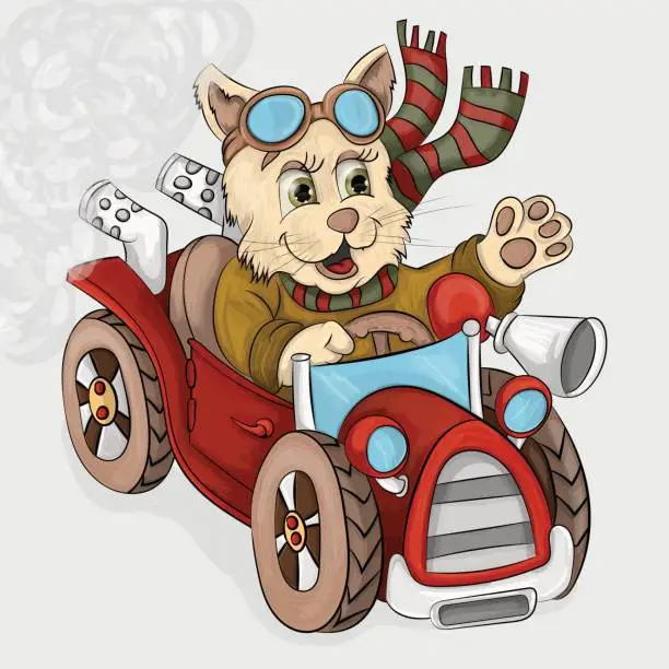 Vector illustration of the little kitten is going by car