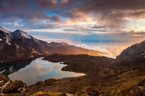 Gosaikunda lake on a beautiful sunset. Nepal, the Himalayas.