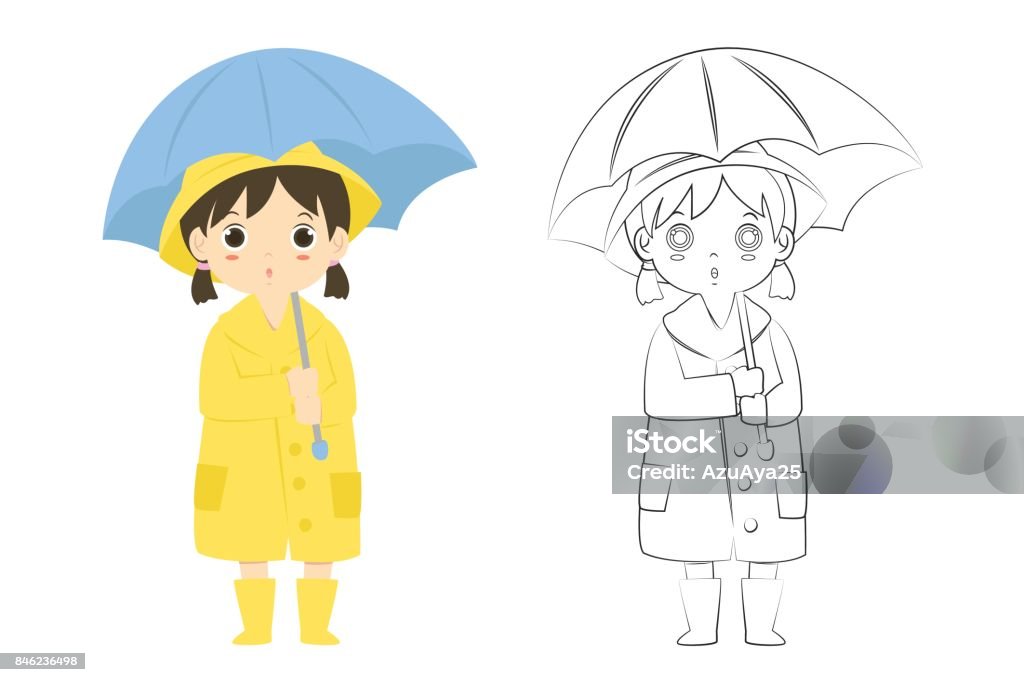Girl in Raincoat Outline Cartoon Vector a girl wearing yellow raincoat and holding a blue umbrella, and a girl in raincoat outline for coloring page cartoon vector Activity stock vector